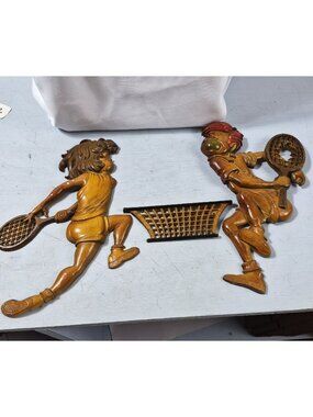 Vintage 1975 Sexton Tennis Players Wall Plaques Retro Metal Art Décor Set